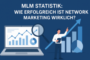 Illustration mit Laptop, Diagrammen und einem Mann, der auf steigende Statistiken zeigt – Thema: Erfolg im Network Marketing.