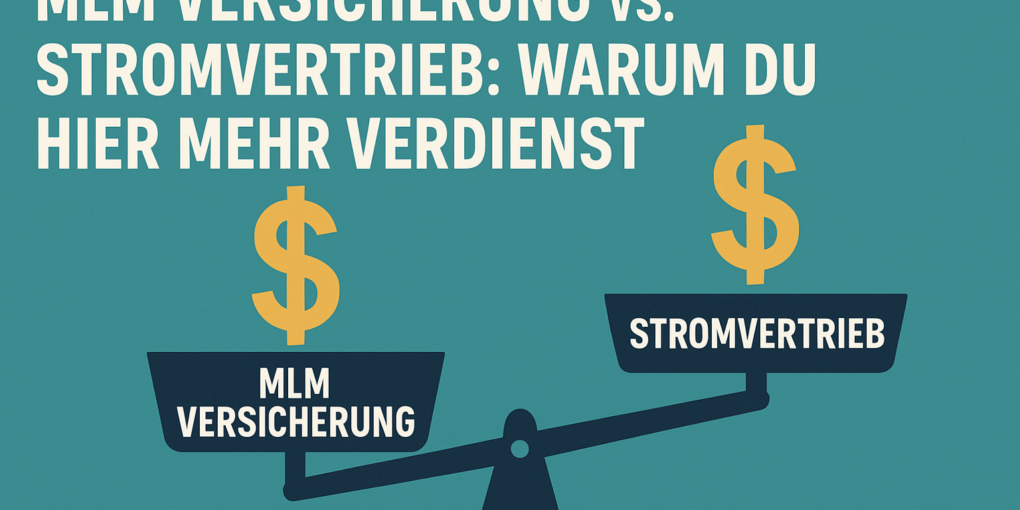 Vergleich von MLM-Versicherung und Stromvertrieb anhand einer Waage mit Geldsymbolen, die höhere Verdienstmöglichkeiten in der Versicherungsbranche zeigen.