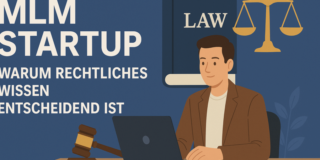 Illustration eines jungen Mannes am Schreibtisch mit Laptop und Rechtssymbolen, begleitet vom Text „MLM Startup – Warum rechtliches Wissen entscheidend ist“