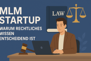 Illustration eines jungen Mannes am Schreibtisch mit Laptop und Rechtssymbolen, begleitet vom Text „MLM Startup – Warum rechtliches Wissen entscheidend ist“