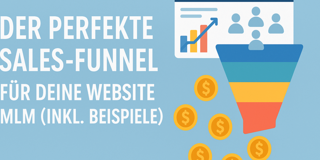 Grafik mit Sales-Funnel-Diagramm, Münzen und Website-Statistik, mit dem Text „Der perfekte Sales-Funnel für Deine Website MLM (inkl. Beispiele)
