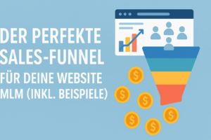 Grafik mit Sales-Funnel-Diagramm, Münzen und Website-Statistik, mit dem Text „Der perfekte Sales-Funnel für Deine Website MLM (inkl. Beispiele)