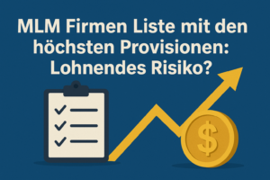 Illustration mit Checkliste, Münze und Aufwärtspfeil als Symbol für Wachstum – passend zum Thema MLM Firmen Liste mit den höchsten Provisionen und Risiken.