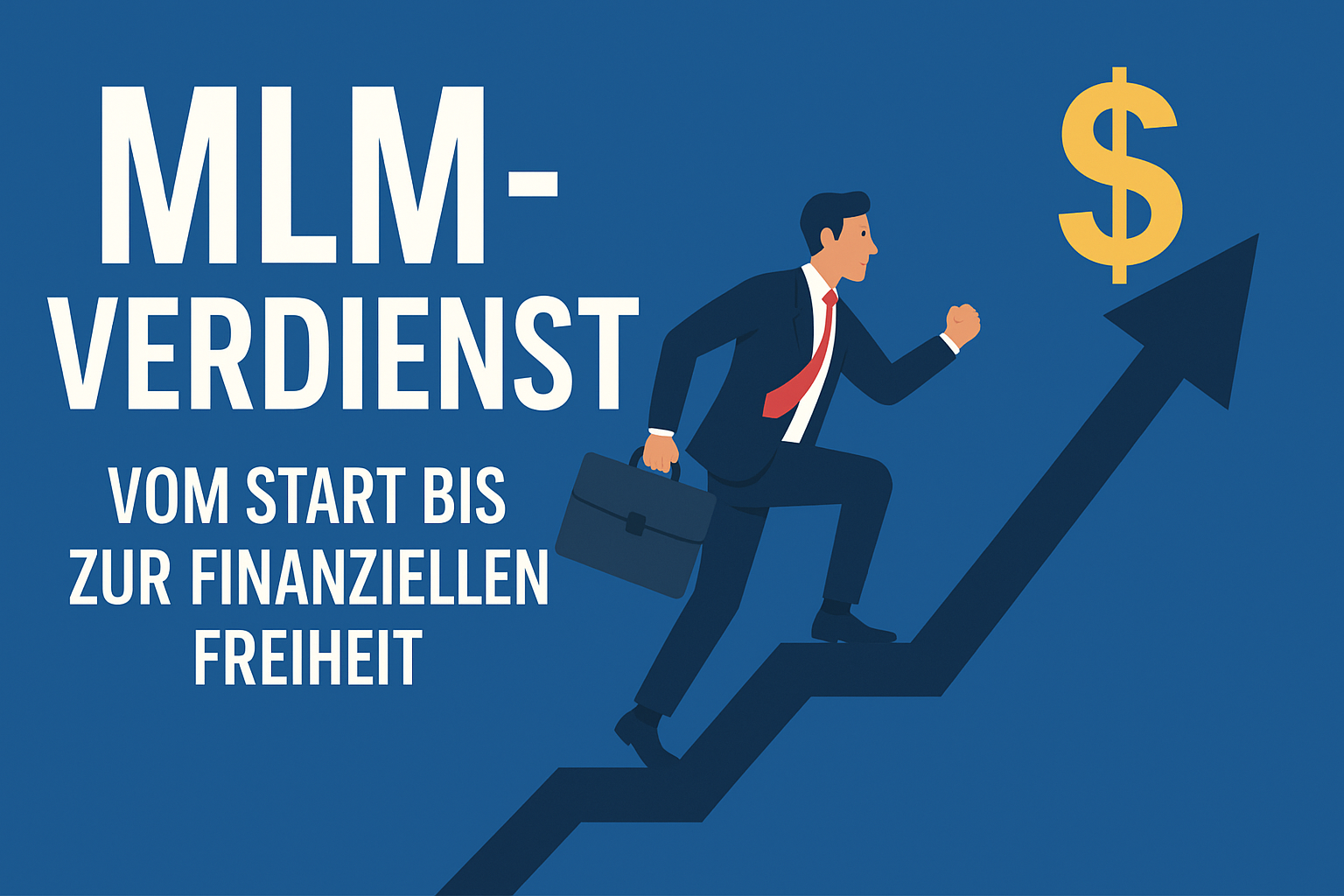 Illustration eines Geschäftsmannes, der eine aufwärts zeigende Treppe erklimmt, um ein großes Geldsymbol zu erreichen – symbolisiert den Weg vom MLM-Start bis zur finanziellen Freiheit.