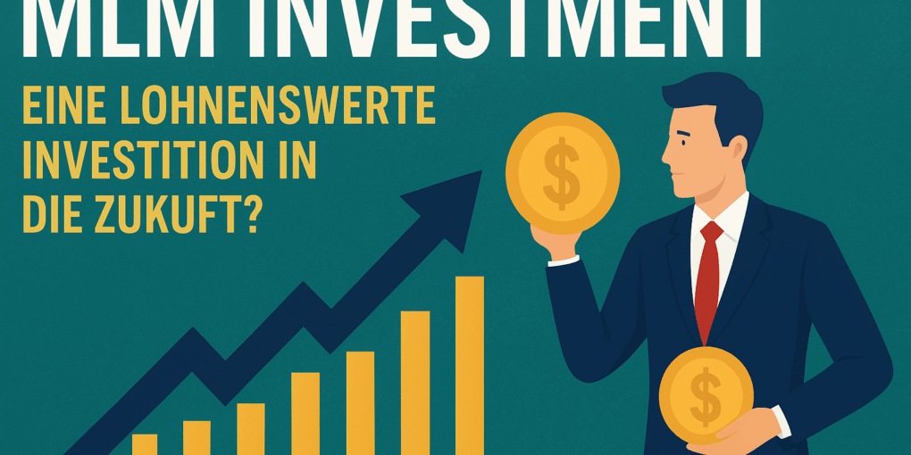 Illustration eines modernen Business-Teams, das gemeinsam in Zukunftsstrategien investiert – mit Symbolen für Wachstum, Finanzen und Networking, passend zum Thema MLM-Investment.