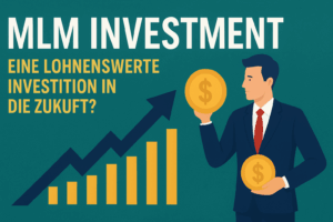 Illustration eines modernen Business-Teams, das gemeinsam in Zukunftsstrategien investiert – mit Symbolen für Wachstum, Finanzen und Networking, passend zum Thema MLM-Investment.