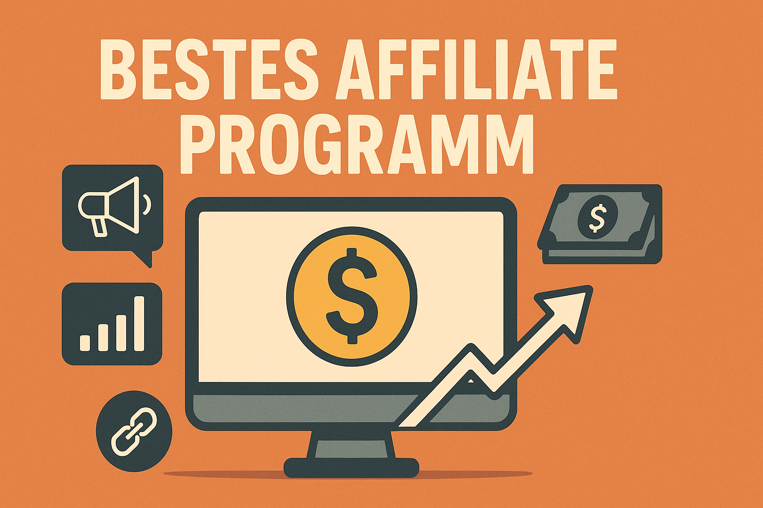 Illustration mit Computer, Geldsymbolen und Icons rund um Marketing und Affiliate-Programme, mit dem Schriftzug „Bestes Affiliate Programm“.