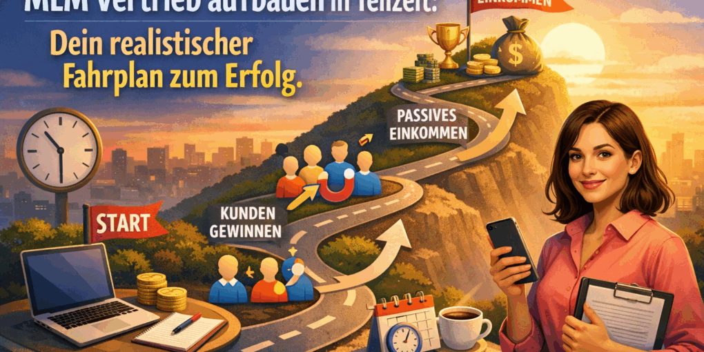 MLM Vertrieb in Teilzeit aufbauen – visualisierter Fahrplan mit Etappen wie Kunden gewinnen, Teamaufbau und passives Einkommen