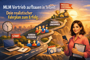 MLM Vertrieb in Teilzeit aufbauen – visualisierter Fahrplan mit Etappen wie Kunden gewinnen, Teamaufbau und passives Einkommen
