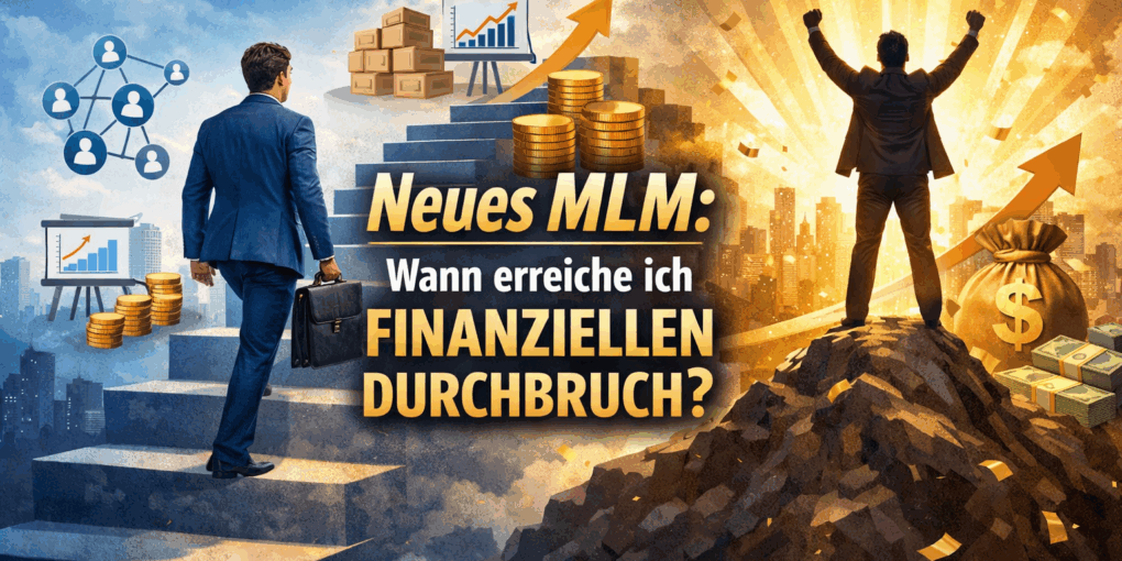 Illustration zum Thema neues MLM: Ein Mann steigt symbolisch im Multi-Level-Marketing auf dem Weg zum finanziellen Durchbruch auf, mit Netzwerkstruktur, Wachstumsdiagrammen und Geldsymbolen.
