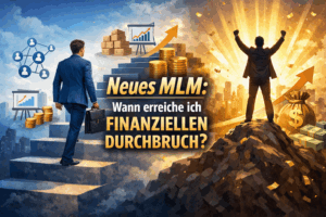 Illustration zum Thema neues MLM: Ein Mann steigt symbolisch im Multi-Level-Marketing auf dem Weg zum finanziellen Durchbruch auf, mit Netzwerkstruktur, Wachstumsdiagrammen und Geldsymbolen.