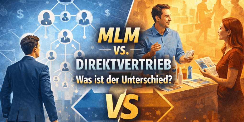 Vergleichsillustration zu MLM Direktvertrieb: links Multi-Level-Marketing mit Netzwerkstruktur, rechts Direktvertrieb mit persönlichem Produktverkauf im direkten Kundenkontakt.