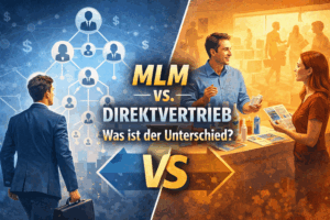 Vergleichsillustration zu MLM Direktvertrieb: links Multi-Level-Marketing mit Netzwerkstruktur, rechts Direktvertrieb mit persönlichem Produktverkauf im direkten Kundenkontakt.