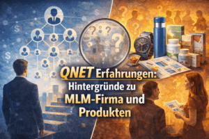 Illustration zu QNET Erfahrungen mit Darstellung eines MLM-Netzwerks, Produktbeispielen und Analyse-Symbolik zu Hintergründen, Bewertung und Geschäftsmodell.