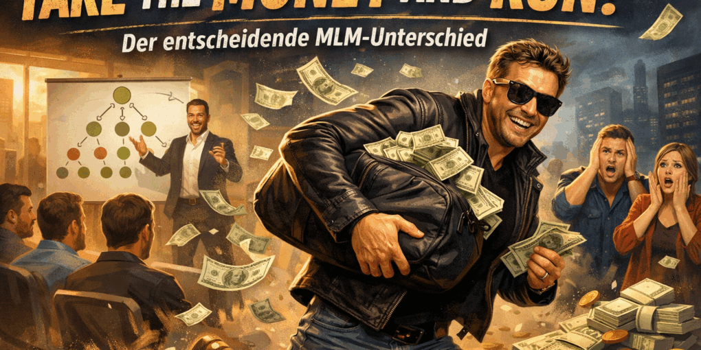 Illustration zum Thema „Take the Money and Run“ im MLM: Mann flieht mit Geldtasche aus einem Multi-Level-Marketing-System, während im Hintergrund eine Präsentation zu einem Pyramidensystem läuft.