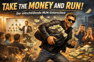 Illustration zum Thema „Take the Money and Run“ im MLM: Mann flieht mit Geldtasche aus einem Multi-Level-Marketing-System, während im Hintergrund eine Präsentation zu einem Pyramidensystem läuft.