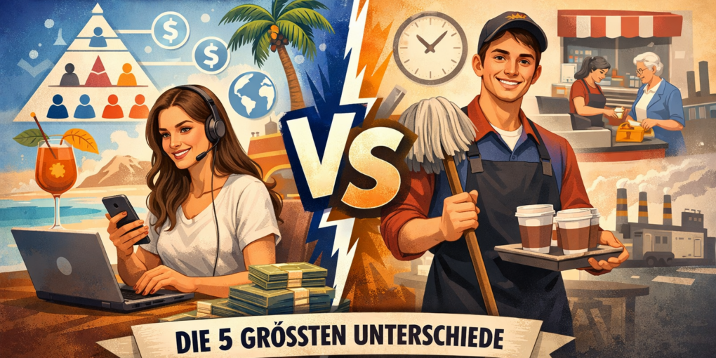 Vergleich zwischen MLM Nebenjob und klassischem Minijob mit visueller Gegenüberstellung von Network Marketing, Direktvertrieb und traditioneller Teilzeitarbeit