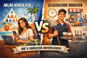 Vergleich zwischen MLM Nebenjob und klassischem Minijob mit visueller Gegenüberstellung von Network Marketing, Direktvertrieb und traditioneller Teilzeitarbeit