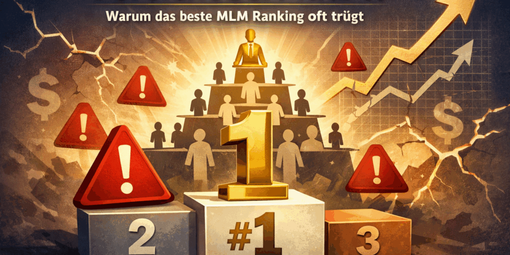 Geschäftsleute vergleichen kritisch mehrere MLM Rankings mit Platz 1 und Warnsymbol – Zweifel an Network Marketing Ranglisten und Direktvertrieb Bewertungen
