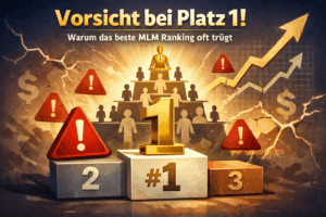 Geschäftsleute vergleichen kritisch mehrere MLM Rankings mit Platz 1 und Warnsymbol – Zweifel an Network Marketing Ranglisten und Direktvertrieb Bewertungen