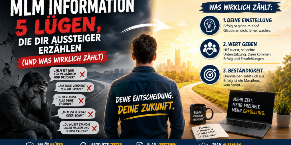 MLM Information Grafik über die 5 größten Lügen im Network Marketing mit Gegenüberstellung von negativen Vorurteilen und den wichtigsten Erfolgsfaktoren wie Einstellung, Beständigkeit und Mehrwert im Direktvertrieb.