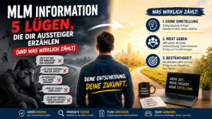 MLM Information Grafik über die 5 größten Lügen im Network Marketing mit Gegenüberstellung von negativen Vorurteilen und den wichtigsten Erfolgsfaktoren wie Einstellung, Beständigkeit und Mehrwert im Direktvertrieb.