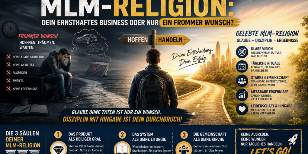 MLM-Religion im Network-Marketing: Visualisierung des Unterschieds zwischen Wunschdenken und aktivem Business-Aufbau mit Disziplin, System und Teamarbeit