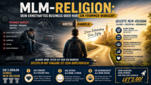 MLM-Religion im Network-Marketing: Visualisierung des Unterschieds zwischen Wunschdenken und aktivem Business-Aufbau mit Disziplin, System und Teamarbeit