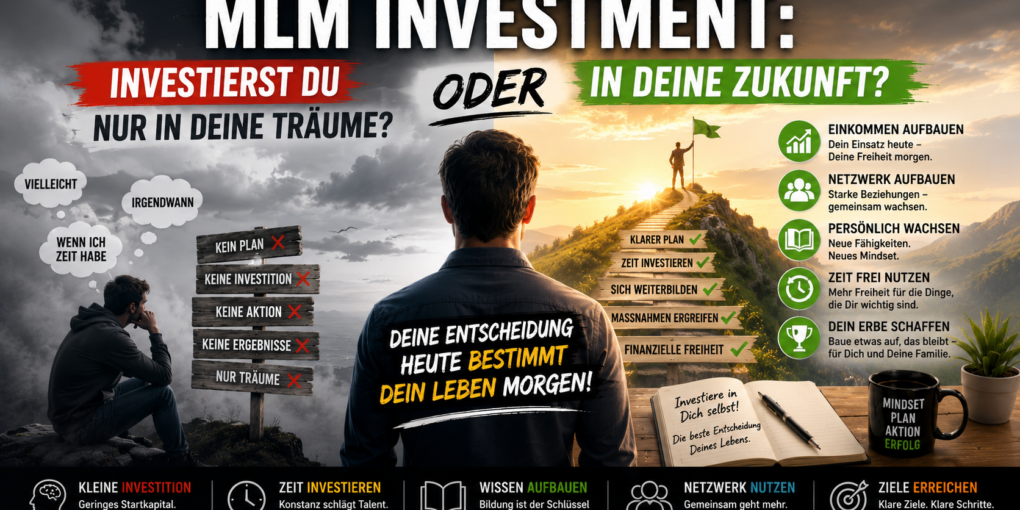 MLM Investment Grafik mit Gegenüberstellung von Träumen und echter Zukunftsplanung im Network Marketing. Visualisiert werden persönliche Entwicklung, Bildung, Netzwerkaufbau, finanzielle Freiheit und strategische Investitionen im MLM.