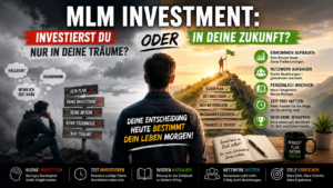 MLM Investment Grafik mit Gegenüberstellung von Träumen und echter Zukunftsplanung im Network Marketing. Visualisiert werden persönliche Entwicklung, Bildung, Netzwerkaufbau, finanzielle Freiheit und strategische Investitionen im MLM.