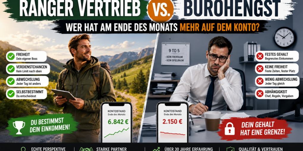 Vergleich zwischen Ranger Vertrieb und Bürojob: Grafik zeigt die Unterschiede bei Einkommen, Freiheit, Karrierechancen und Verdienstmöglichkeiten im Außendienst, Direktvertrieb und klassischen Angestelltenverhältnis.