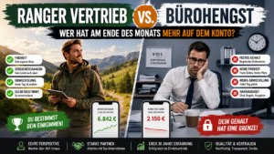 Vergleich zwischen Ranger Vertrieb und Bürojob: Grafik zeigt die Unterschiede bei Einkommen, Freiheit, Karrierechancen und Verdienstmöglichkeiten im Außendienst, Direktvertrieb und klassischen Angestelltenverhältnis.