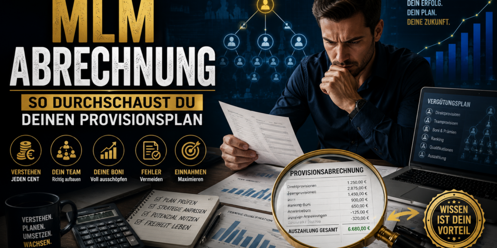 MLM Abrechnung mit Provisionsplan, Vergütungsplan und Provisionsabrechnung analysieren – Business-Grafik zur Optimierung von Provisionen, Boni und Teamvergütung im Network Marketing.