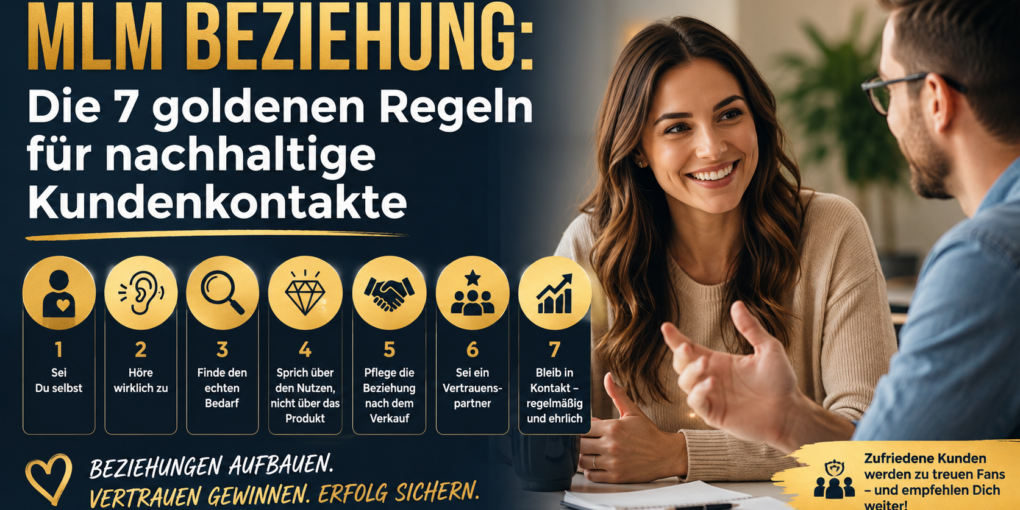 Infografik zum Thema MLM Beziehung mit sieben goldenen Regeln für nachhaltige Kundenkontakte. Die Grafik zeigt ein vertrauensvolles Kundengespräch und veranschaulicht erfolgreiche Beziehungsarbeit, Kundenbindung und langfristigen Erfolg im Network Marketing.