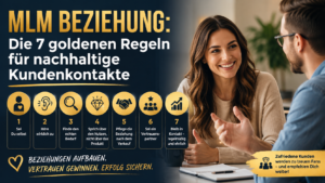 Infografik zum Thema MLM Beziehung mit sieben goldenen Regeln für nachhaltige Kundenkontakte. Die Grafik zeigt ein vertrauensvolles Kundengespräch und veranschaulicht erfolgreiche Beziehungsarbeit, Kundenbindung und langfristigen Erfolg im Network Marketing.