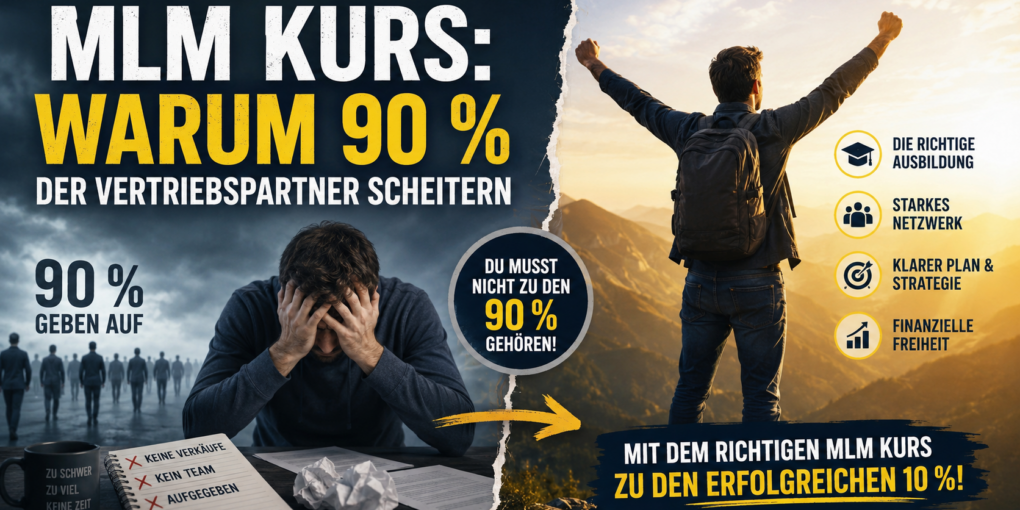 Illustration zum Thema MLM Kurs: Gegenüberstellung eines frustrierten Vertriebspartners, der scheitert, und eines erfolgreichen Network-Marketers. Das Bild zeigt, wie eine professionelle MLM Weiterbildung, Schulung oder ein MLM Lehrgang den Unterschied zwischen Misserfolg und nachhaltigem Erfolg im Network Marketing ausmachen kann.