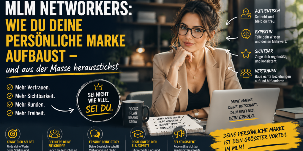 Junge Unternehmerin baut ihre persönliche Marke im Network Marketing auf. Die Illustration zeigt, wie ein starkes Personal Branding, Expertenstatus und Vertrauen dabei helfen, das MLM Ranking zu verbessern und sich im Strukturvertrieb von der Konkurrenz abzuheben.