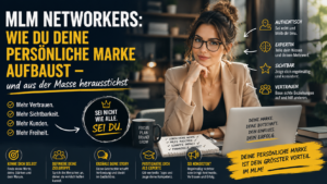 Junge Unternehmerin baut ihre persönliche Marke im Network Marketing auf. Die Illustration zeigt, wie ein starkes Personal Branding, Expertenstatus und Vertrauen dabei helfen, das MLM Ranking zu verbessern und sich im Strukturvertrieb von der Konkurrenz abzuheben.