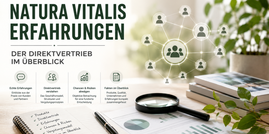 Natura Vitalis Erfahrungen: Der Direktvertrieb im Überblick – neutrales Symbolbild mit Netzwerkgrafik, Lupe und Analyseunterlagen zum Vergleich eines Network-Marketing-Unternehmens.