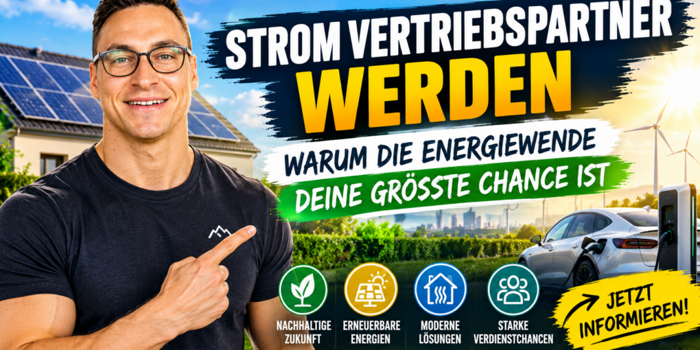 Strom Vertriebspartner werden: Ein lächelnder Energievertriebspartner präsentiert Solaranlagen, Windkraft, Elektromobilität und moderne Energielösungen als Chancen im Energievertrieb.